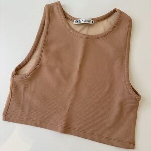Zara Ribbed Cropped Tank Top — Light Brown